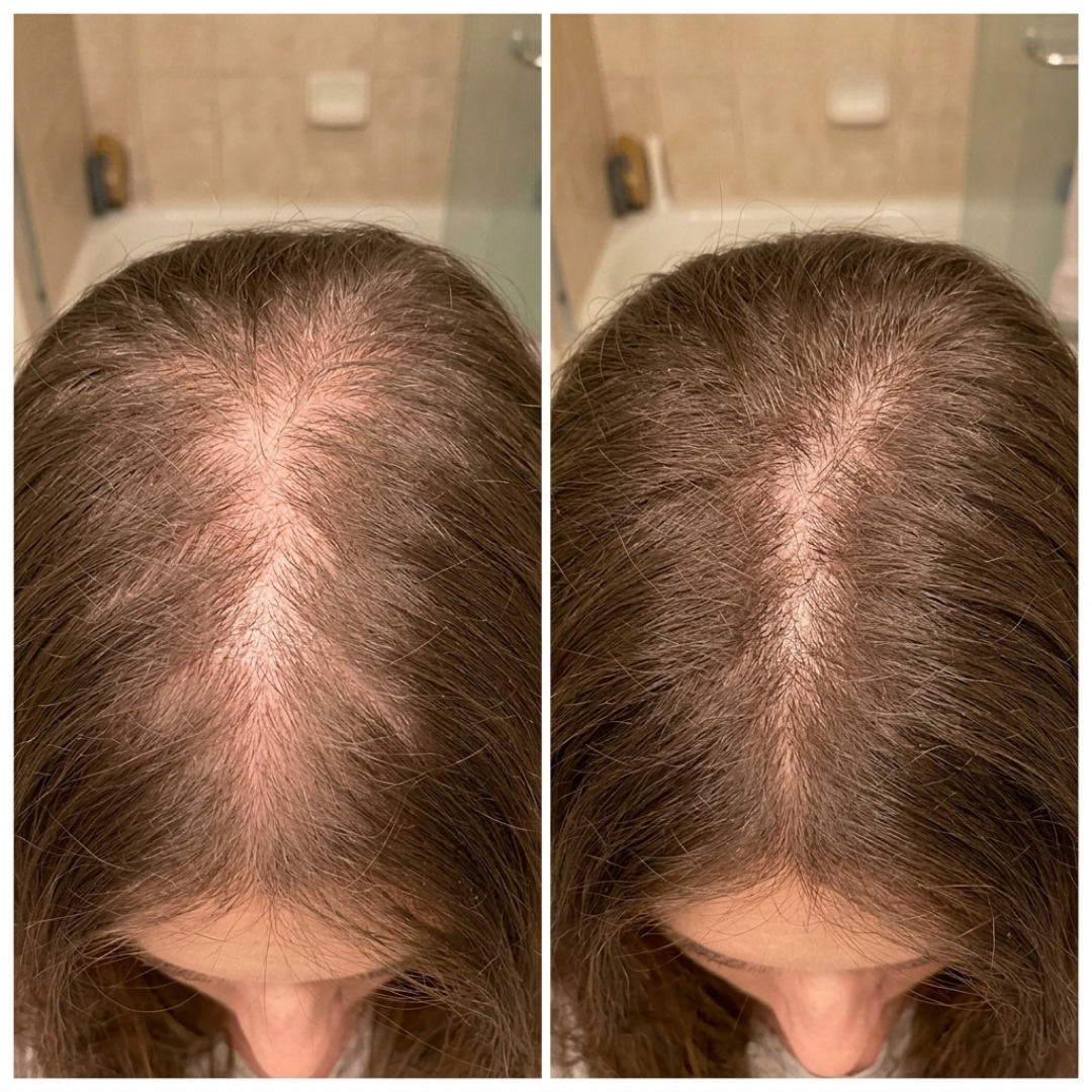 A before-and-after comparison of the top of a person's head, showing increased hair density and fullness.