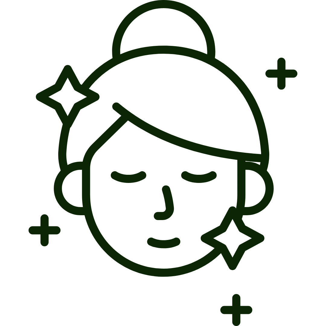 A dark green line drawing of a person's face with hair in a bun, surrounded by sparkles.