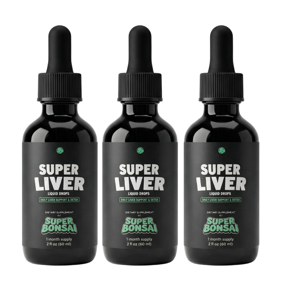 Three black dropper bottles of Super Bonsai Super Liver Liquid Drops dietary supplement against a black background.
