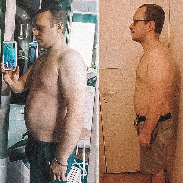 A split image showing a man's before and after weight loss transformation.