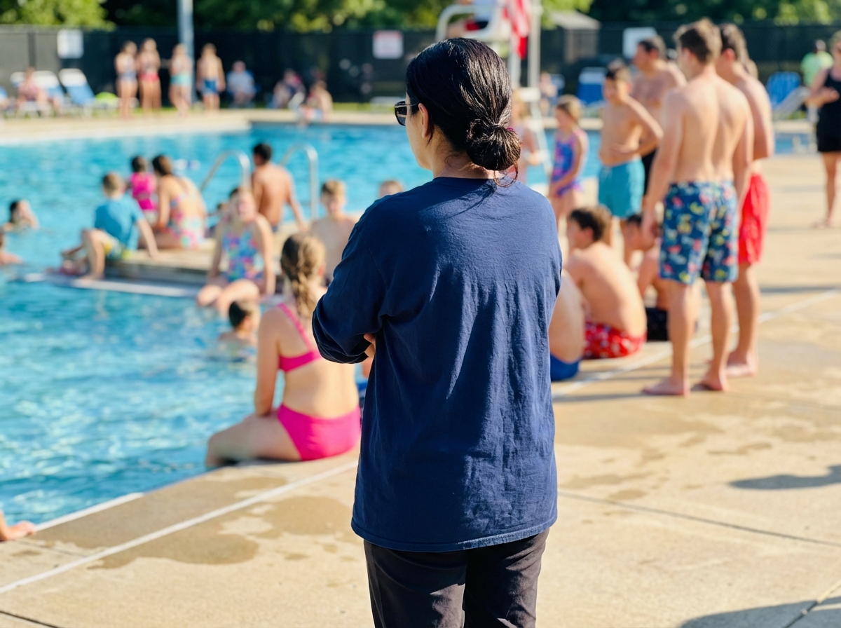 A person seen from behind stands with arms crossed, watching people at a crowded outdoor swimming pool.