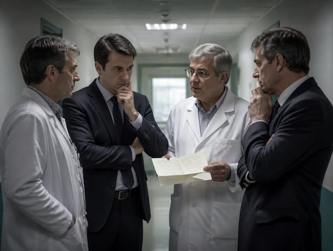 Two doctors and two men in suits stand in a hospital hallway, looking at a piece of paper.