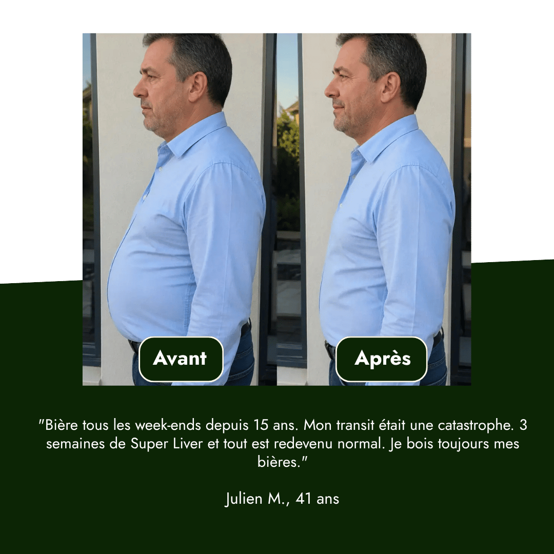A before and after photo comparison of a man, showing a reduction in his belly size.