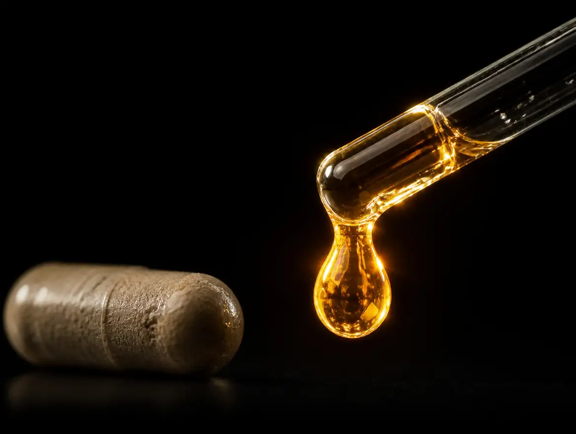 A close-up of a drop of golden liquid from a dropper next to a supplement capsule.