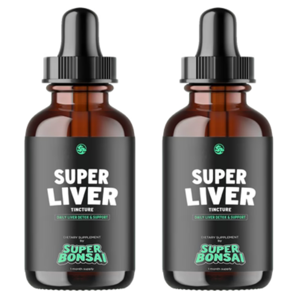 Two bottles of Super Liver tincture with droppers.