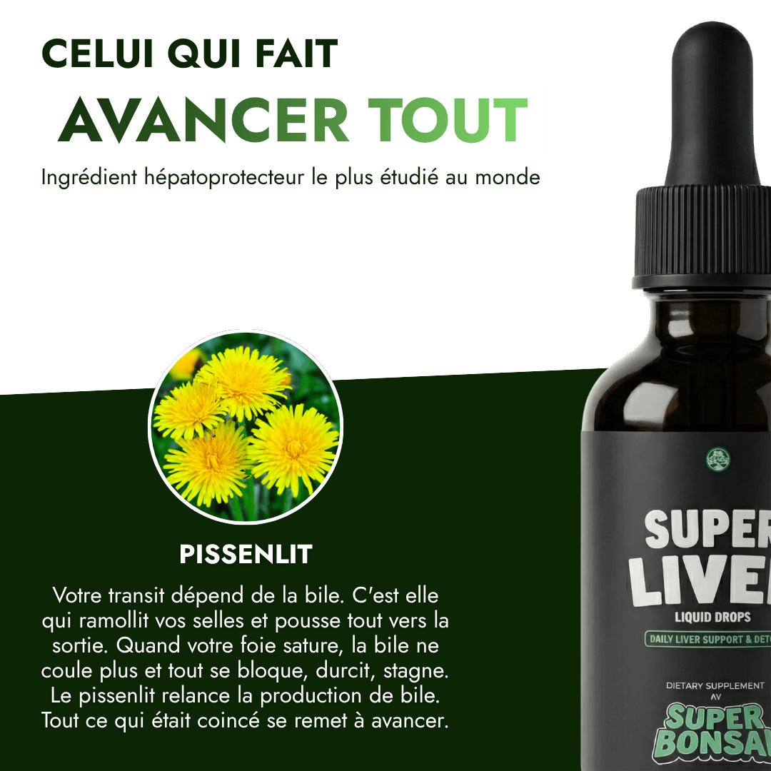 An advertisement for Super Bonsai Super Liver liquid drops, showing dandelions and a product bottle with a dropper.