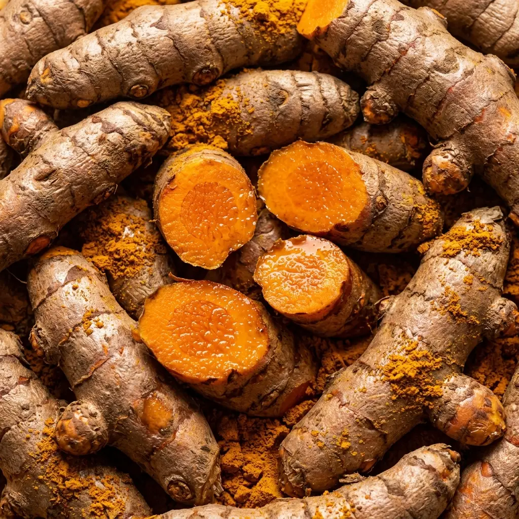 A close-up shot of whole and sliced raw turmeric roots surrounded by turmeric powder.