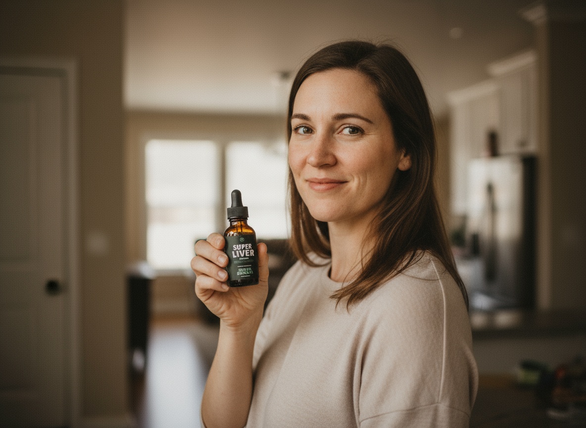 Person holding a bottle labeled 'Super Liver' in a kitchen.