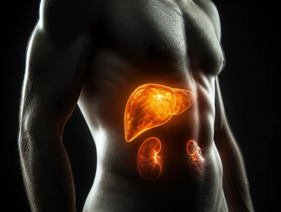Anatomical illustration of the liver and kidneys glowing inside a muscular male torso against a black background.