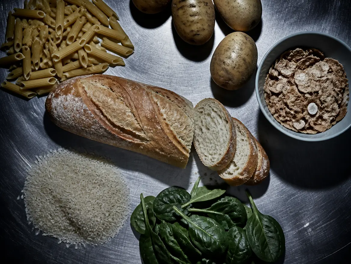 An overhead shot of various starchy foods like pasta, bread, potatoes, rice, and spinach on a metal surface.