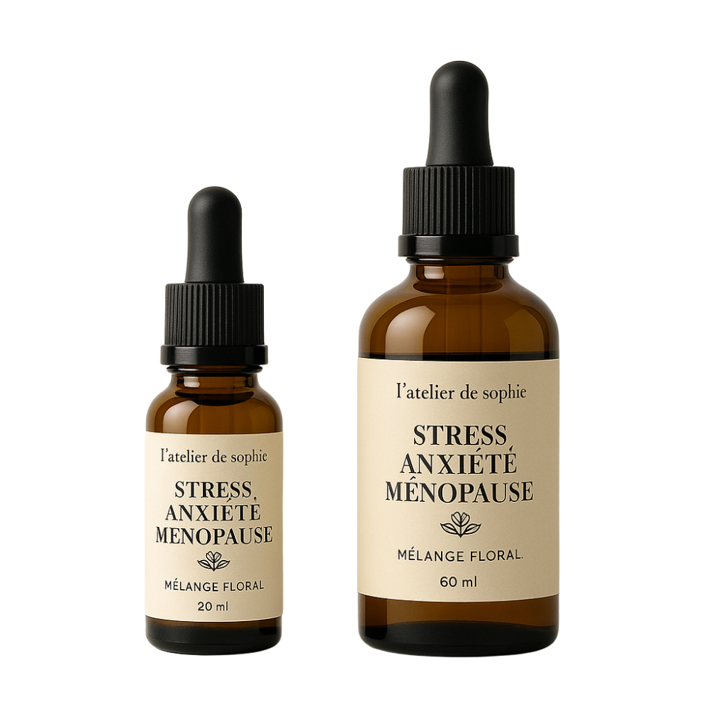 Two brown dropper bottles labeled for stress and menopause relief.