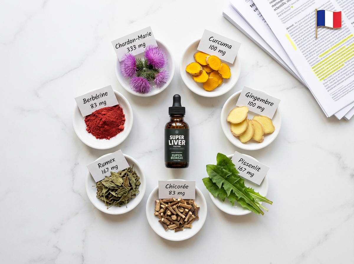 An overhead shot of a 'Super Liver' supplement bottle surrounded by its labeled herbal ingredients in bowls.