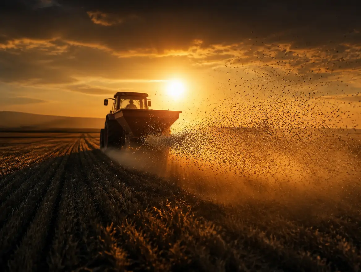 A tractor spreads fertilizer or seeds on a crop field at sunset, backlit by the sun.