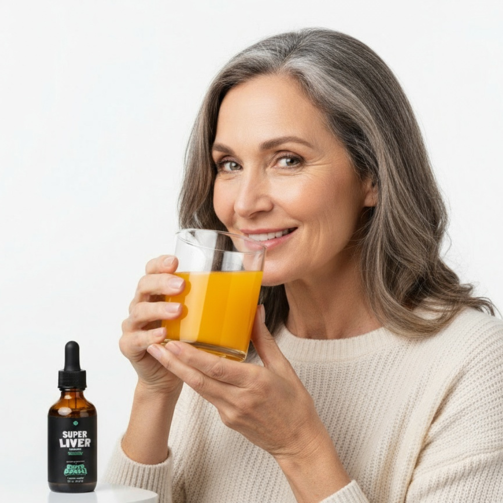 Woman smiling, holding a glass of orange juice next to a small bottle.