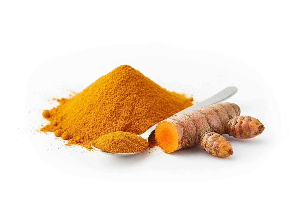 Turmeric root and powder with a spoon on white background.