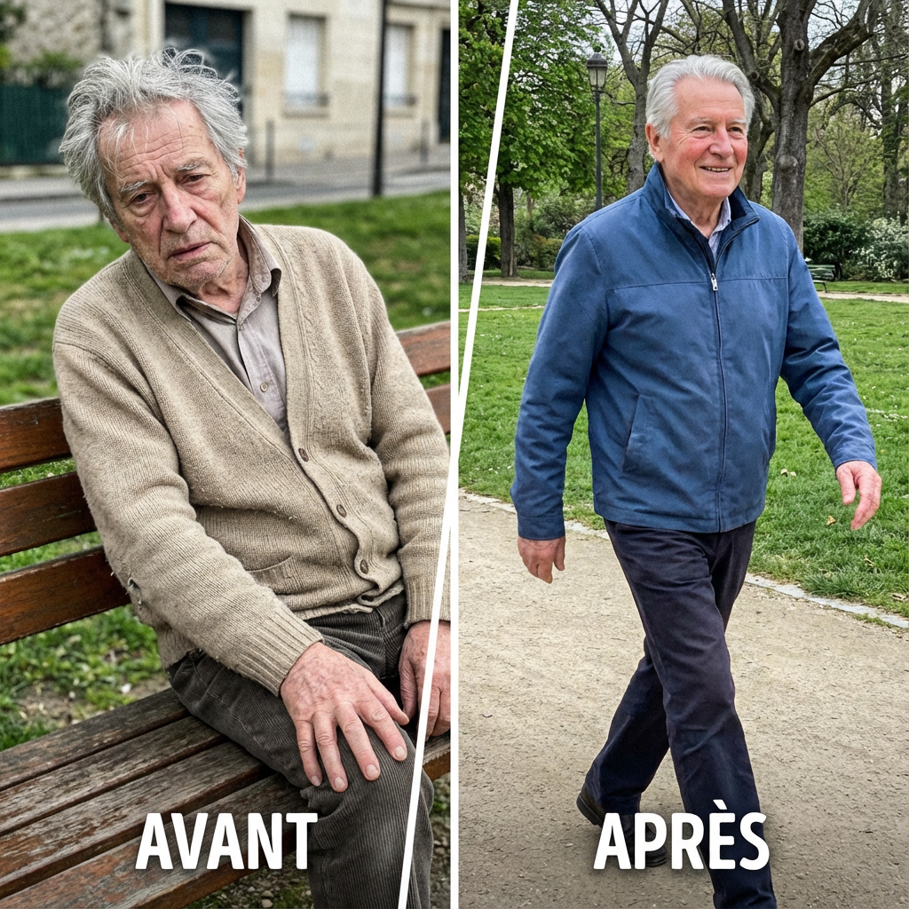 A before-and-after image of an elderly man on a park bench, then walking in a park.