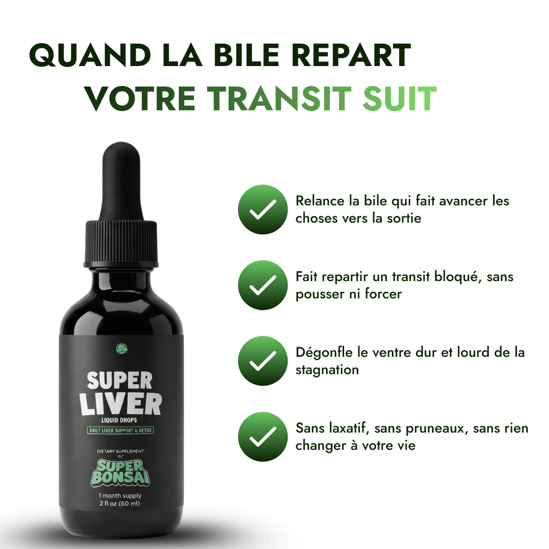 A bottle of Super Liver liquid drops supplement next to a list of benefits in French with checkmarks.