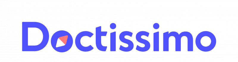 Logo with the word 'Doctissimo' in blue and a small red and white triangle.