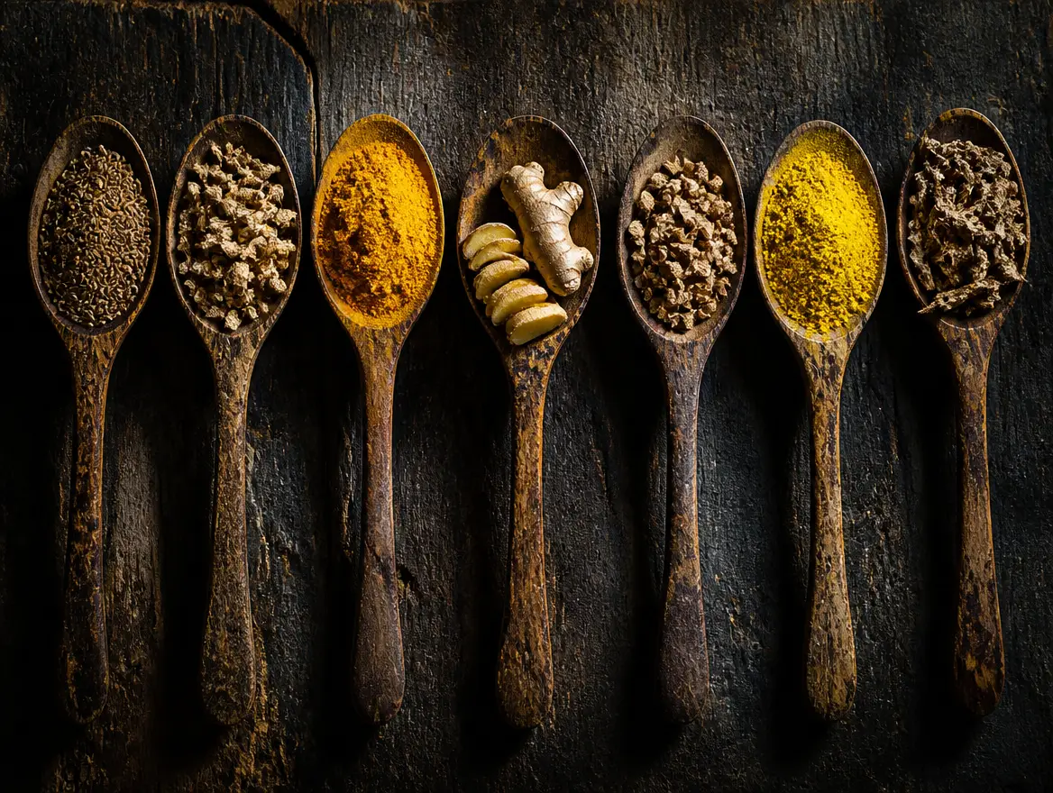 Seven wooden spoons in a row, each holding a different spice, including ginger and turmeric.