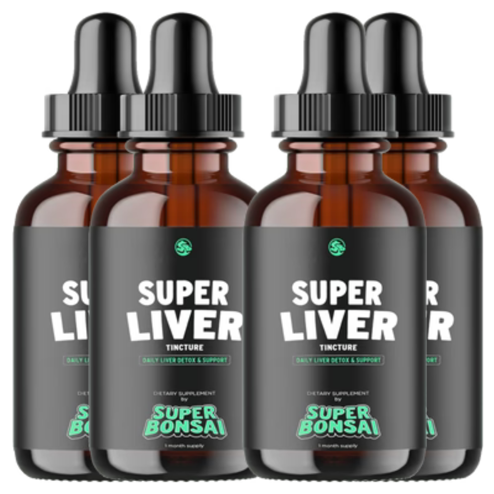 Four brown bottles labeled 'Super Liver Tincture' with dropper caps.