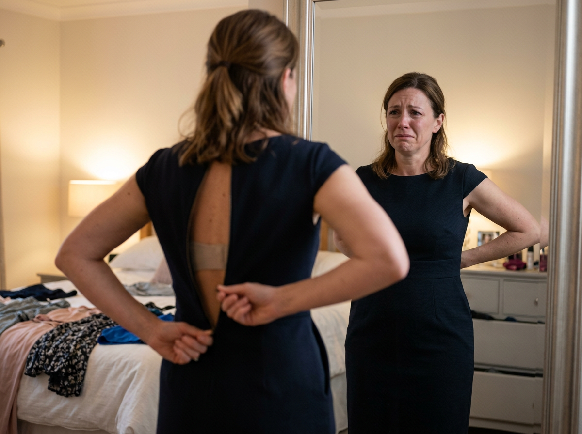 A woman zips up her dress while her reflection in the mirror shows her crying.