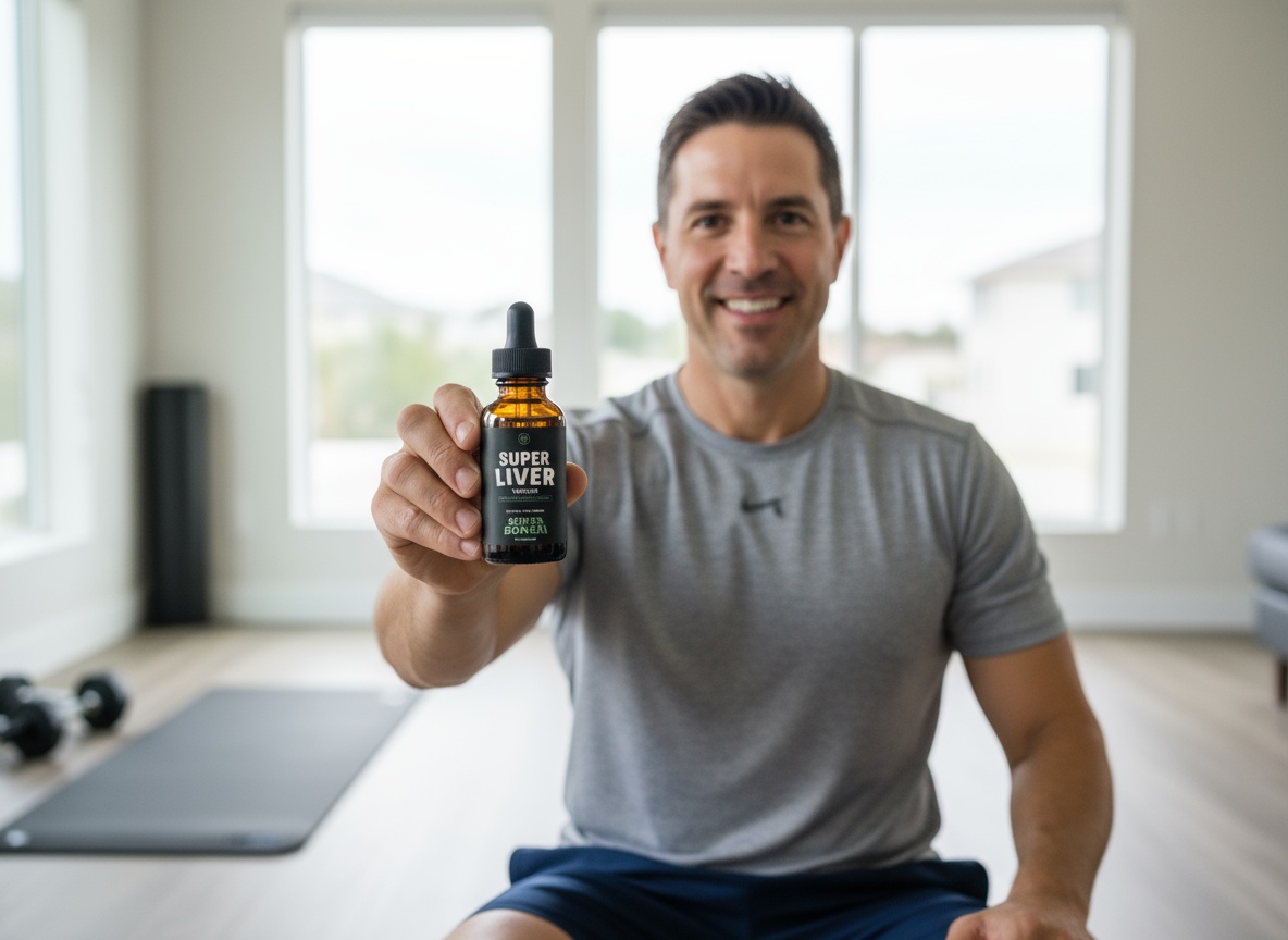 Man holding a bottle labeled 'Super Liver' in a bright room.