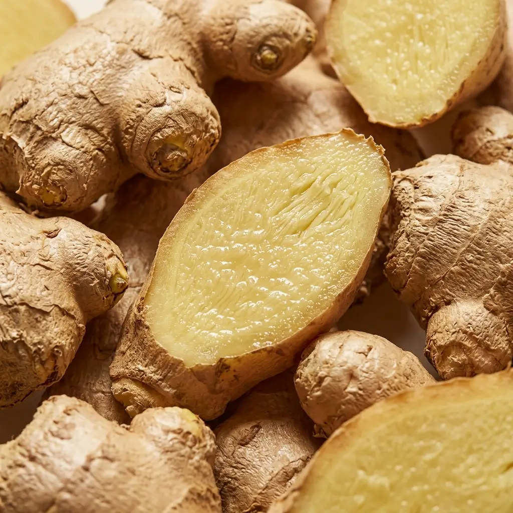 A close-up photograph of whole and sliced fresh ginger root.
