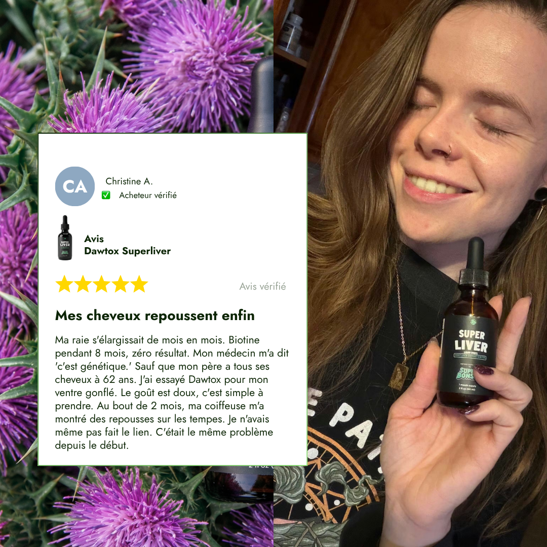 A smiling woman holds a bottle of 'Super Liver' next to a five-star review in French.