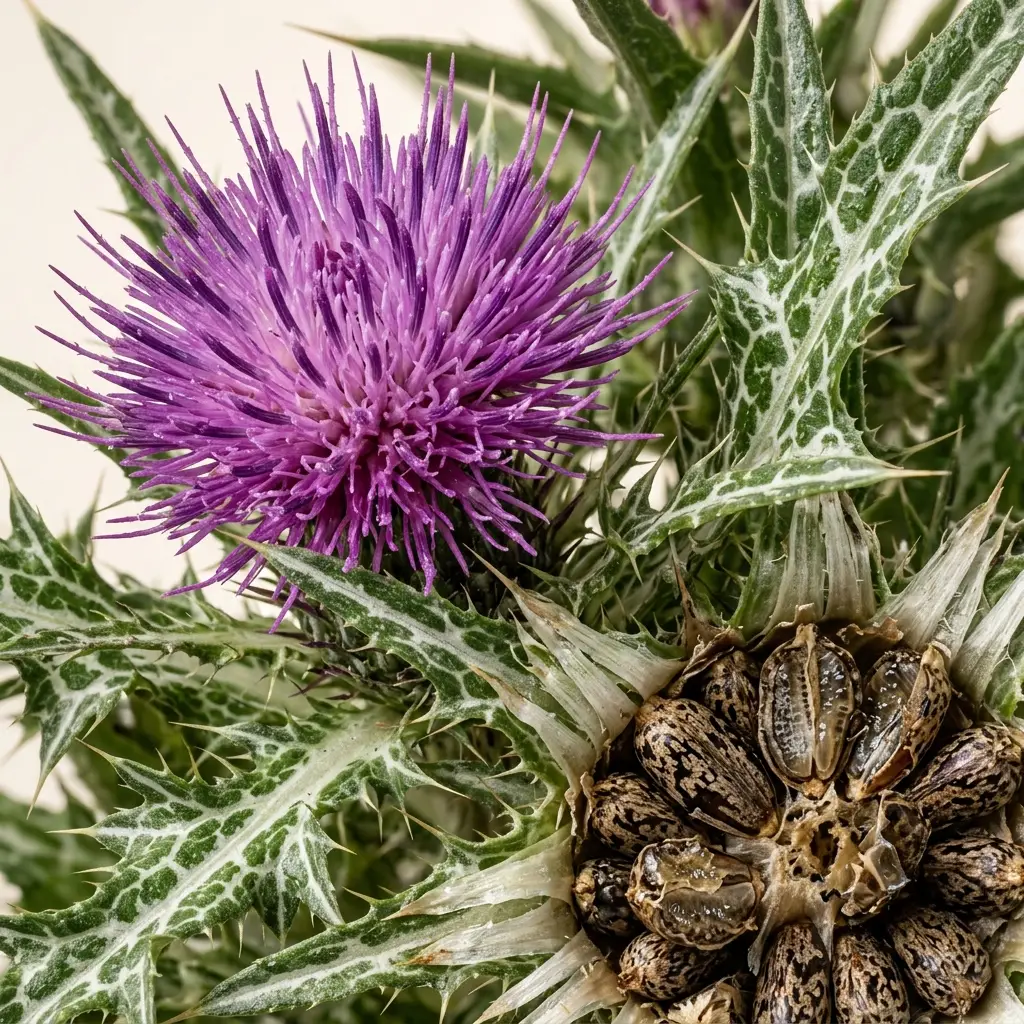 A close-up of a purple milk thistle flower and a dried seed head against a white background.