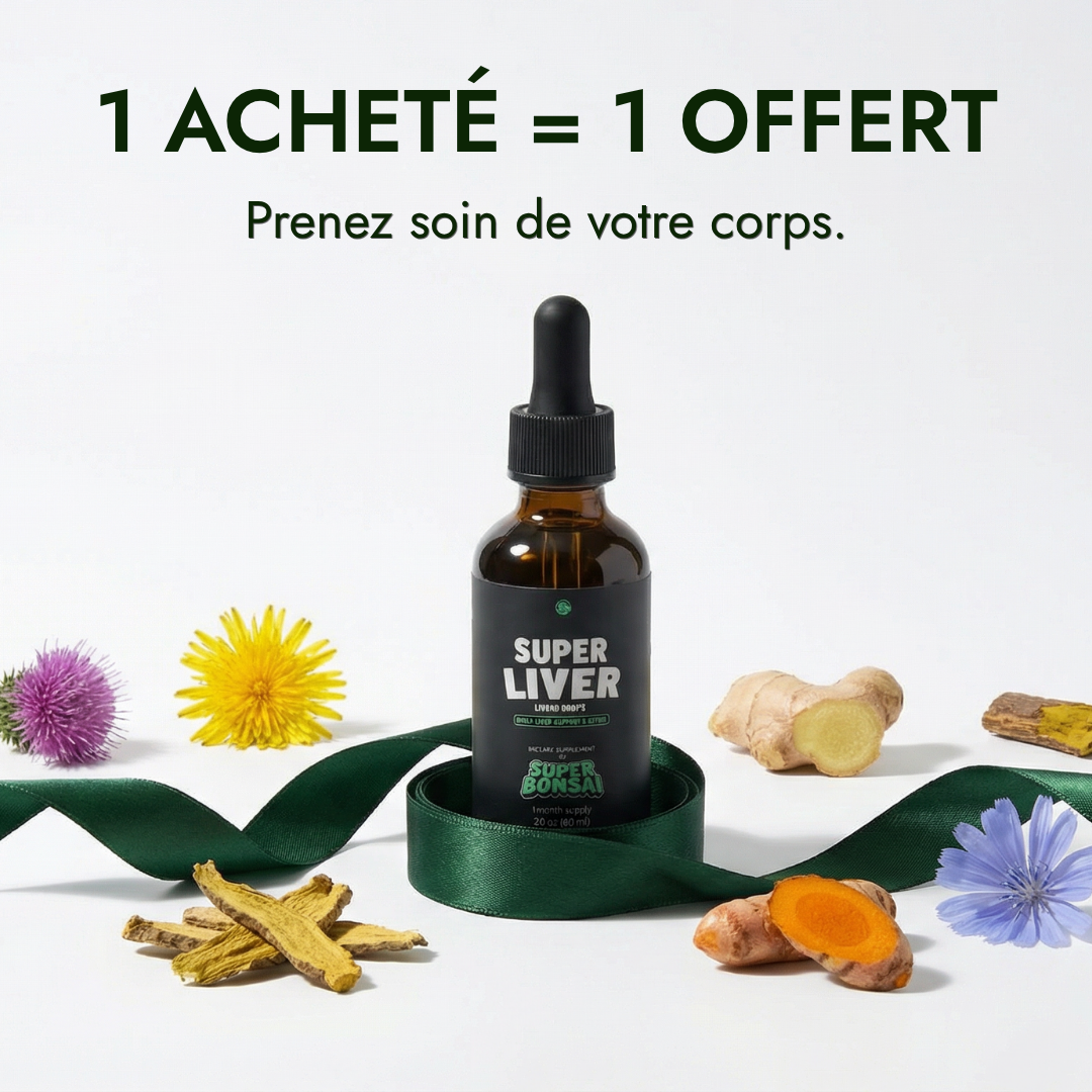 A bottle of Super Liver supplement drops surrounded by its natural ingredients like flowers, herbs, and roots.