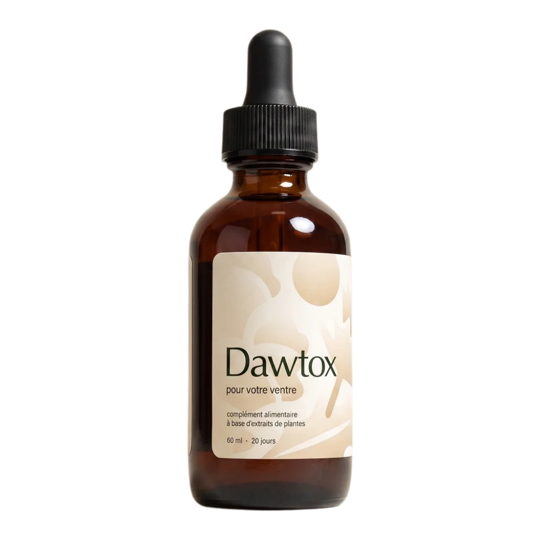 A brown glass dropper bottle of Dawtox food supplement against a white background.