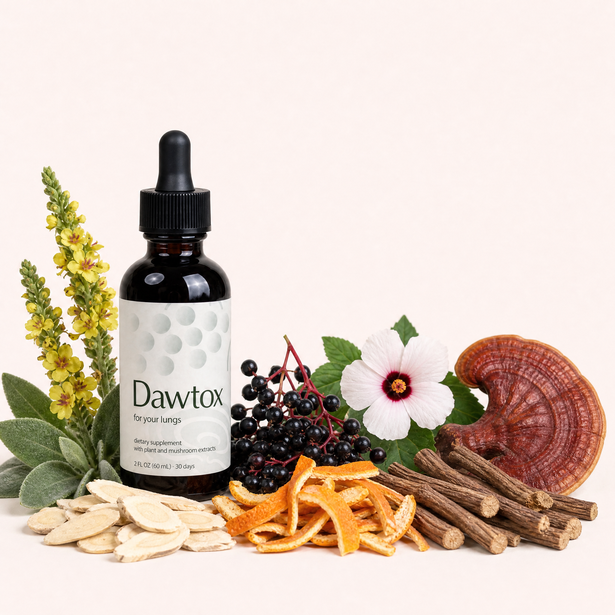 A bottle of Dawtox lung supplement surrounded by herbal ingredients like flowers, berries, roots, and a mushroom.