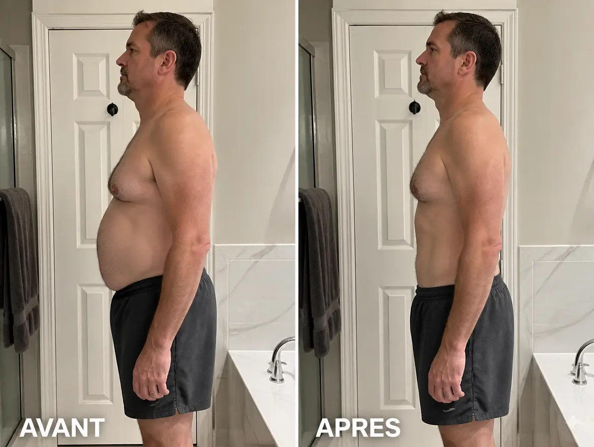 A side-by-side comparison of a man's profile, showing his physique before and after weight loss.