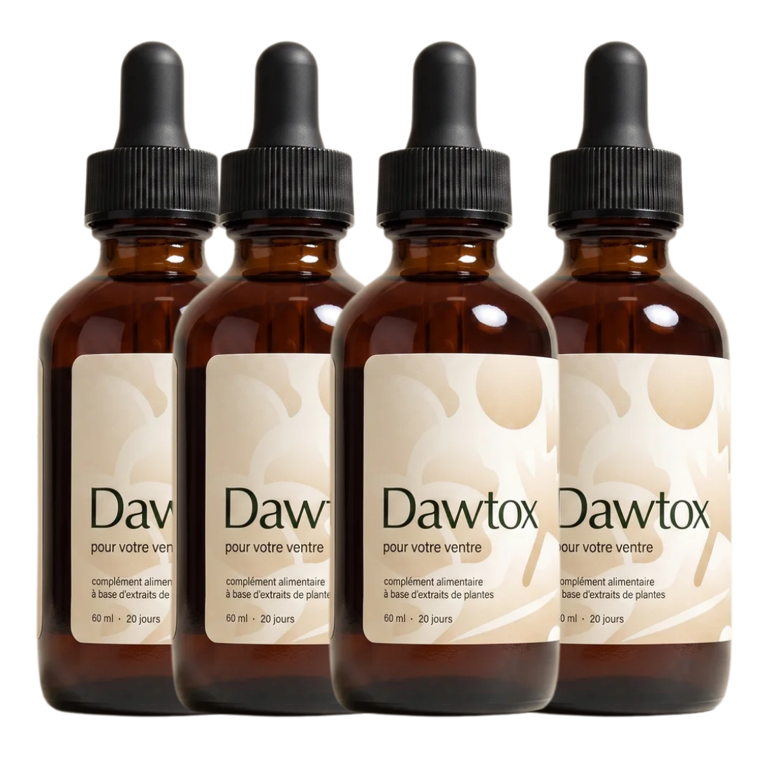 Four brown glass dropper bottles of Dawtox supplement arranged in a row on a white background.