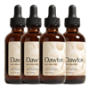 Four brown glass dropper bottles of Dawtox supplement arranged in a row on a white background.