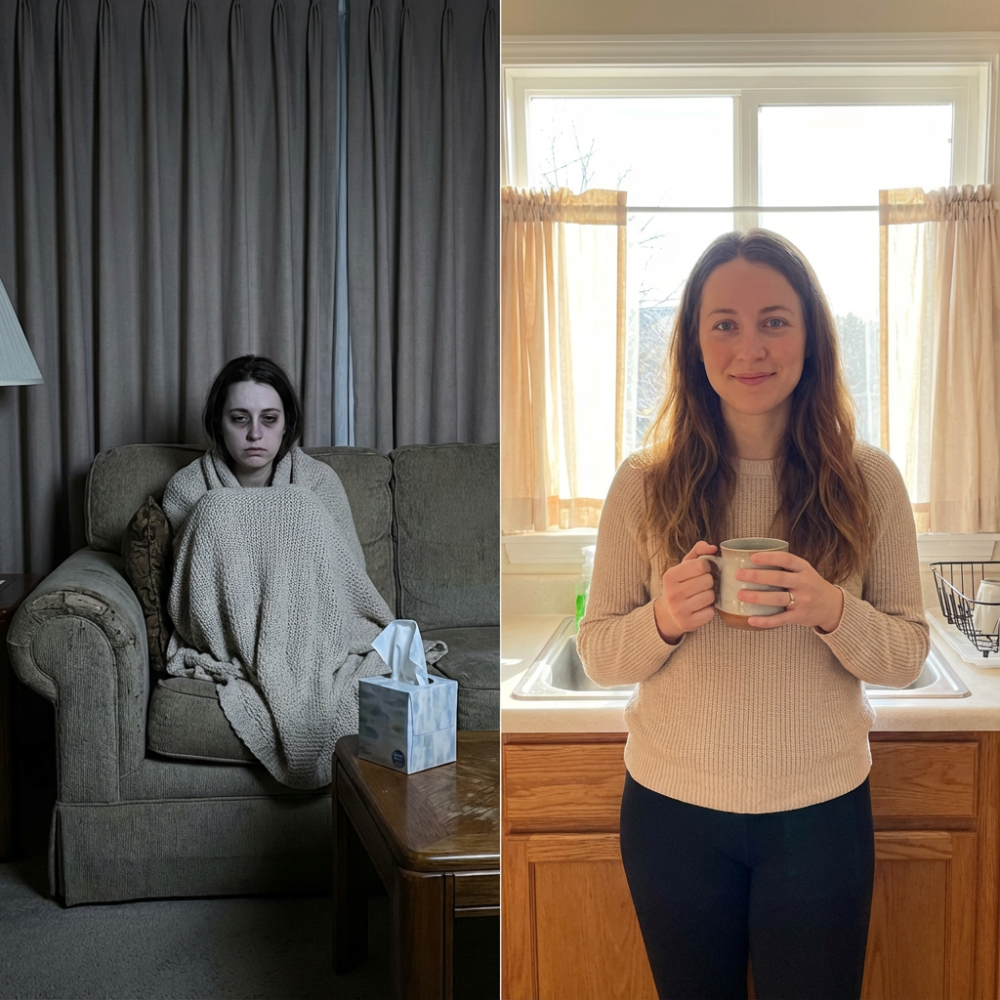 Two side-by-side images: person sitting on couch, person holding mug in kitchen.