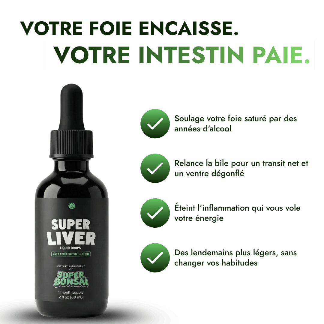 A bottle of Super Liver Liquid Drops next to a list of product benefits in French.