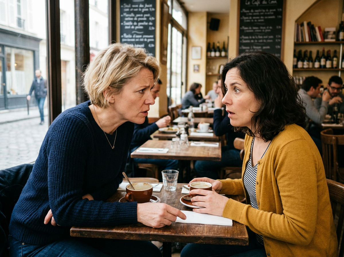 Two women sit opposite each other at a cafe table, engaged in an intense conversation over coffee.