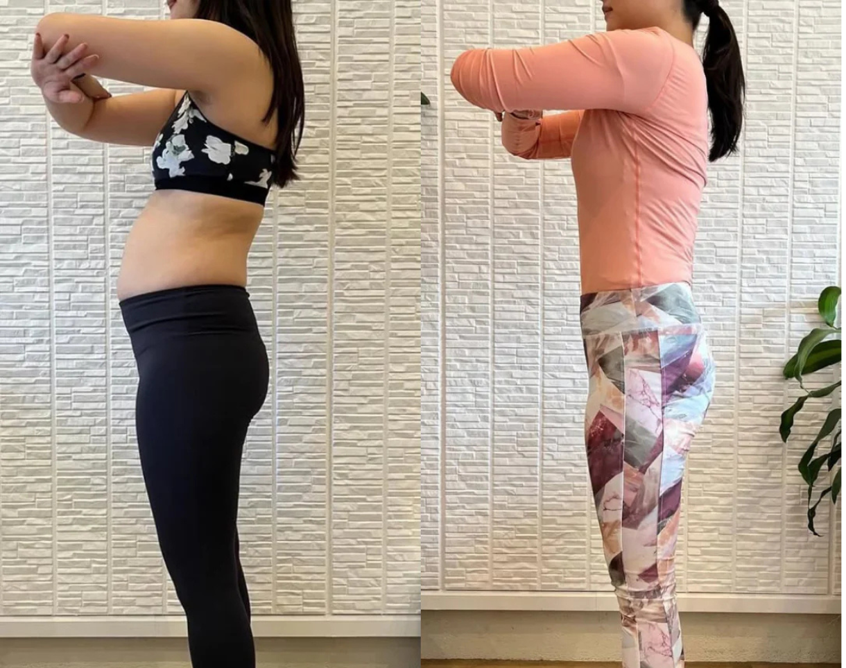 Side-by-side comparison of a woman before and after a physical transformation.