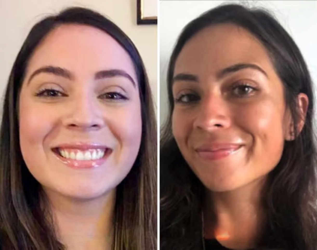 Two side-by-side photos of a woman smiling, with different lighting.