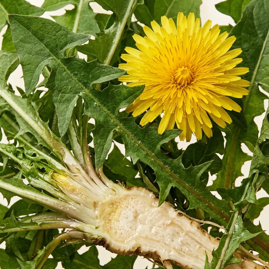 A close-up of a dandelion showing its yellow flower, green leaves, and the cross-section of its root.