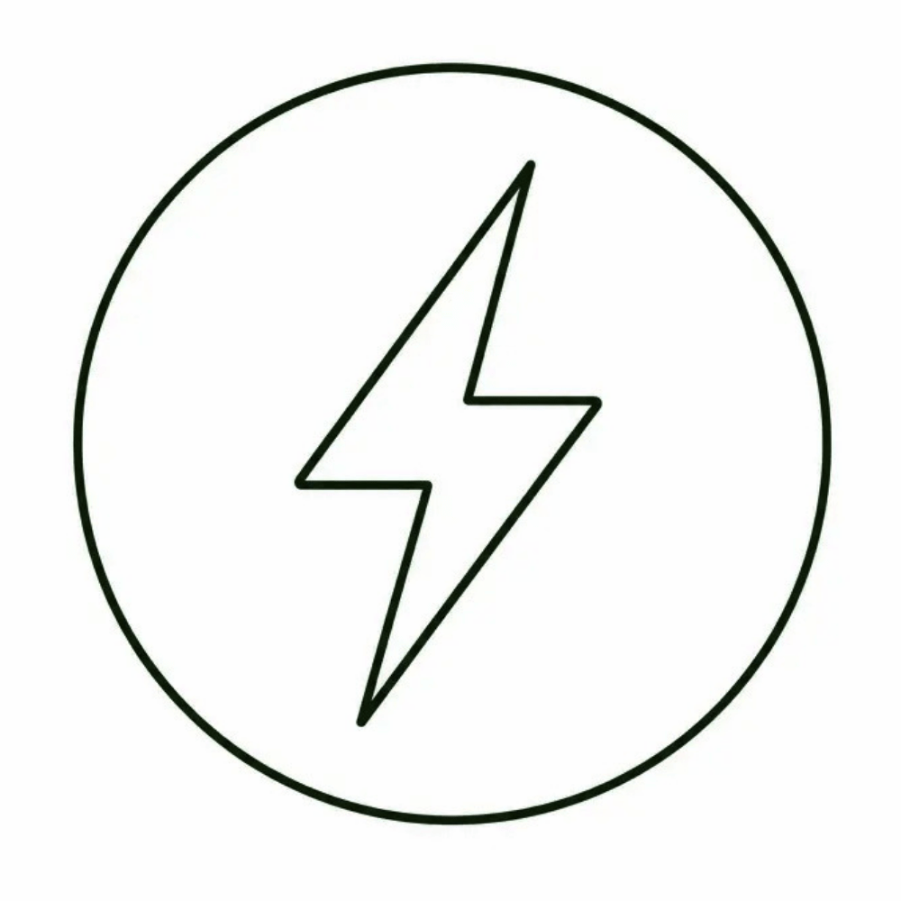 A black outline of a lightning bolt symbol inside a circle on a white background.