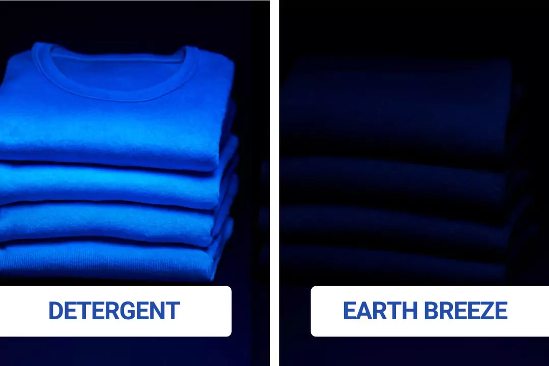 Comparison of folded clothes under different lighting labeled 'Detergent' and 'Earth Breeze'.