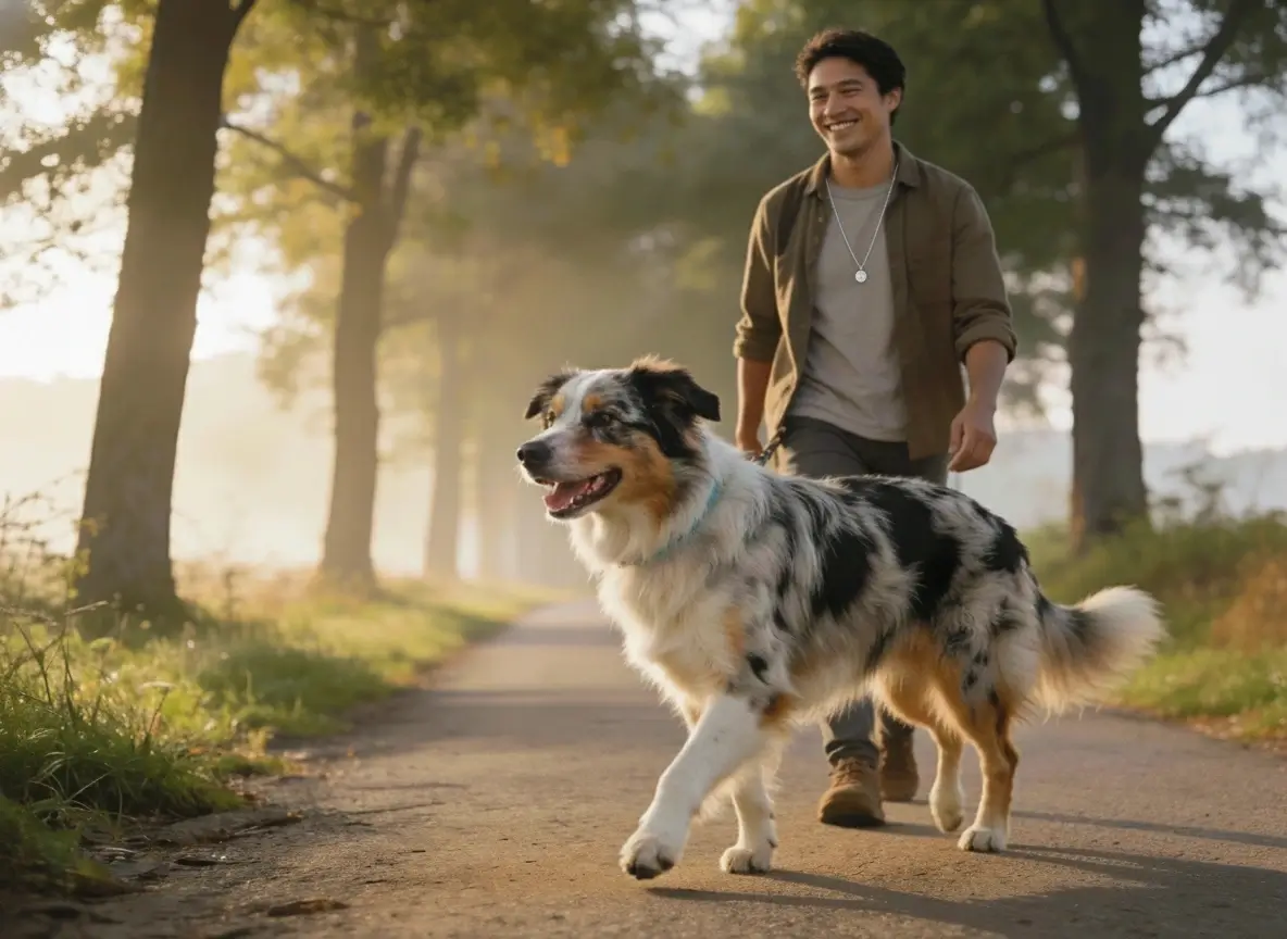 Man walking a dog on a tree-lined path with sunlight filtering through.