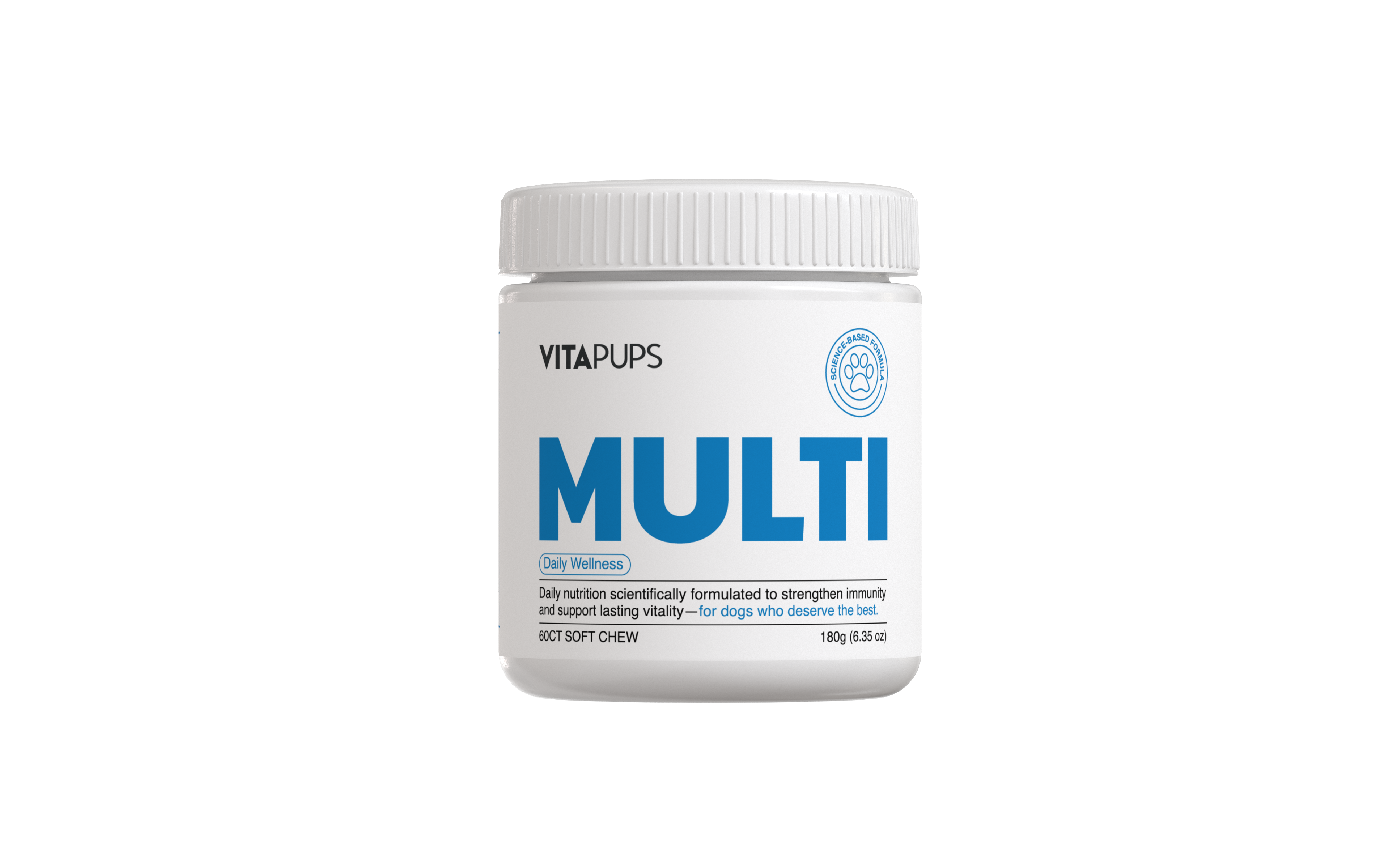 Container labeled 'VitaPups Multi' with dog supplement details on a white background.