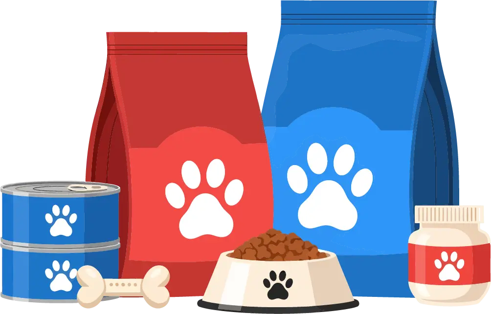 Illustration of various pet food items with paw prints.