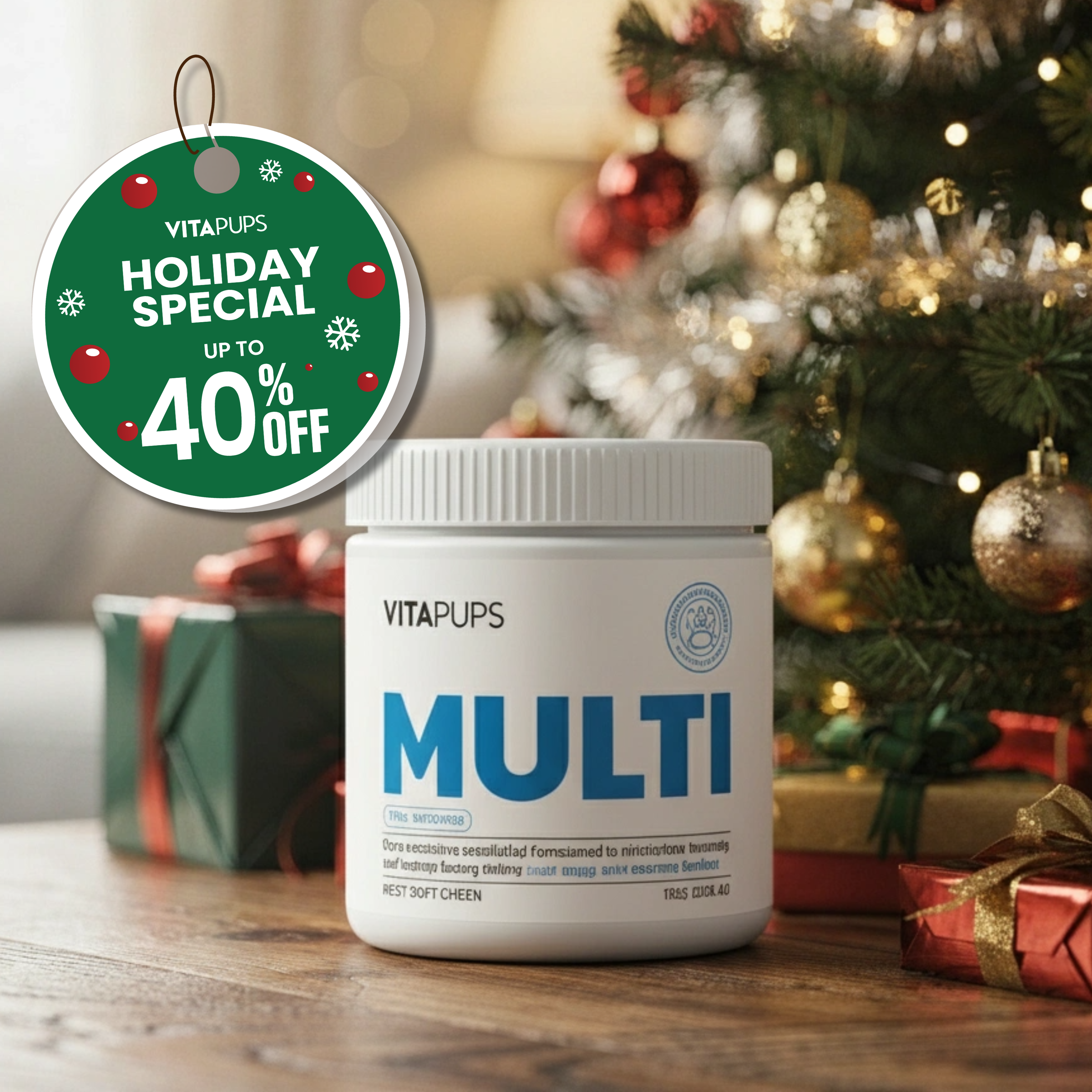 VitaPups Multi container beside Christmas tree, gift, and 40% off holiday special sign.