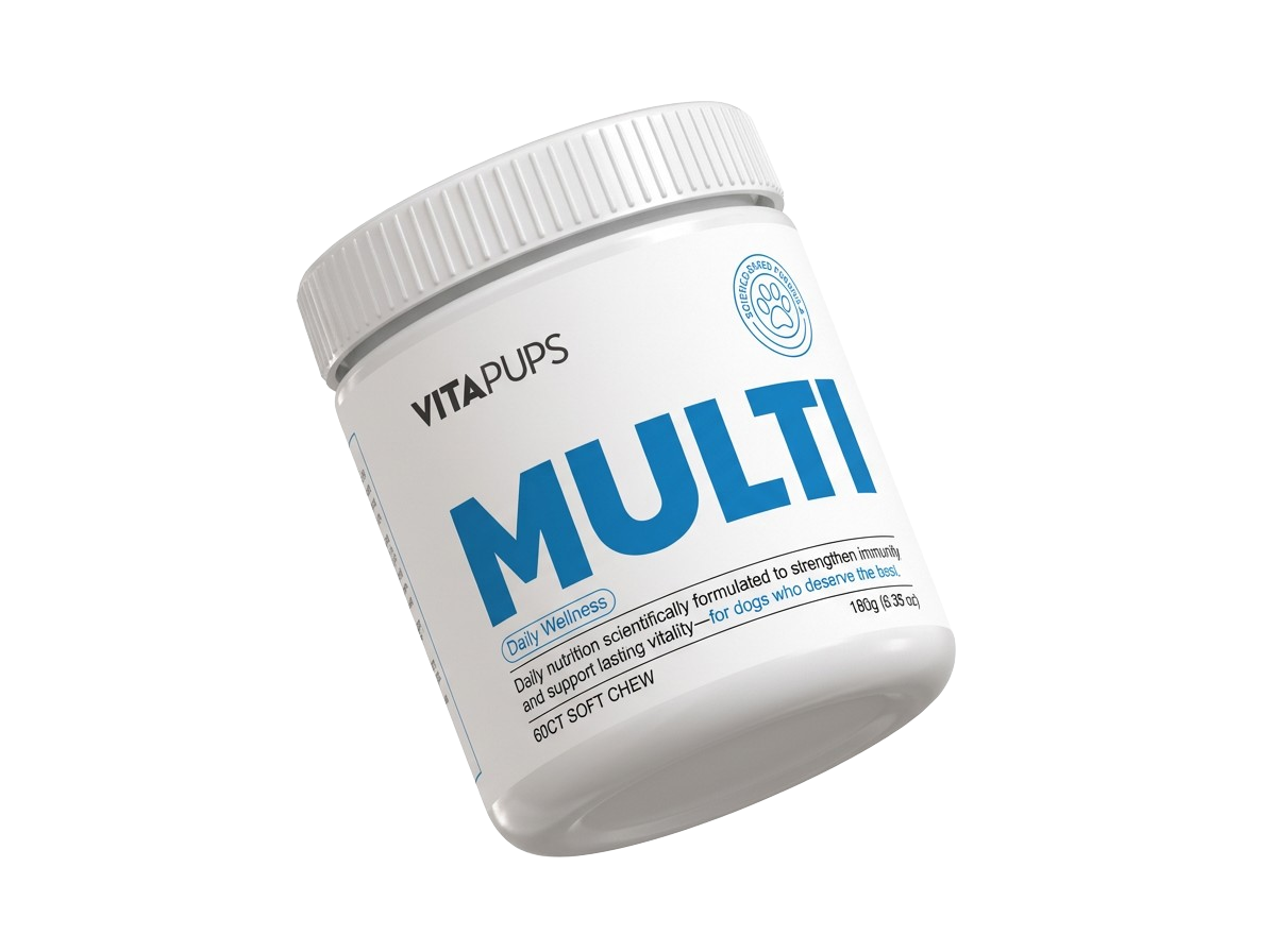 White jar labeled 'VitaPups Multi' with a blue design on a green background.