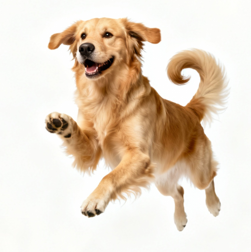 Golden retriever dog jumping with a happy expression on a white background.