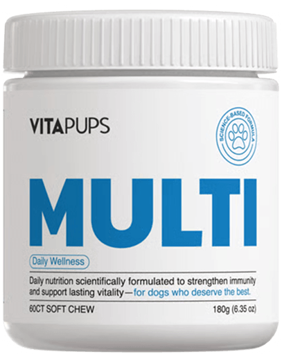 A white jar of VitaPups Multi Daily Wellness soft chews for dogs against a plain background.